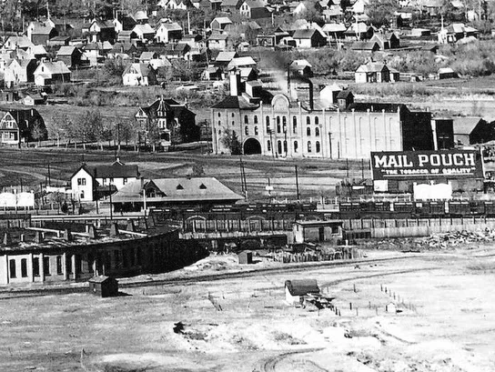 Historic aerial view of Bozeman’s Northside industrial and rail district.