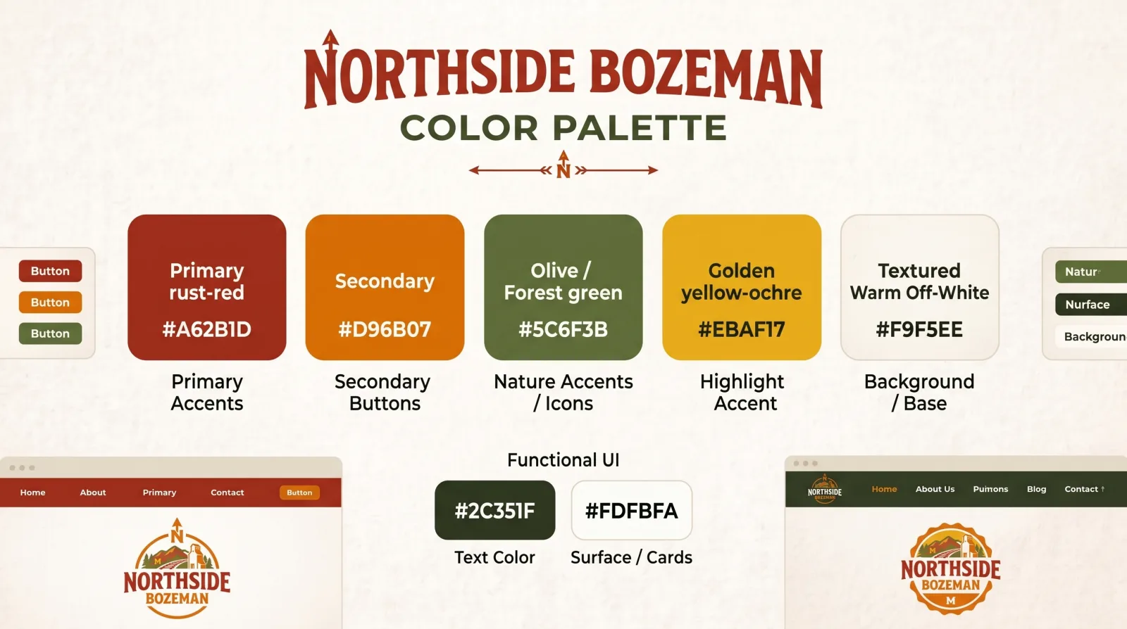 Color palette sheet: Primary Rust Red #A62B1D, Secondary #D96B07, Olive Forest Green #5C6F3B, Golden Yellow-Ochre #EBAF17, Warm Off-White #F9F5EE, text #2C351F, and surface #FDFBFA.